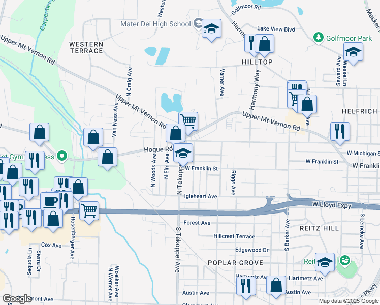 map of restaurants, bars, coffee shops, grocery stores, and more near 400 Wills Avenue in Evansville