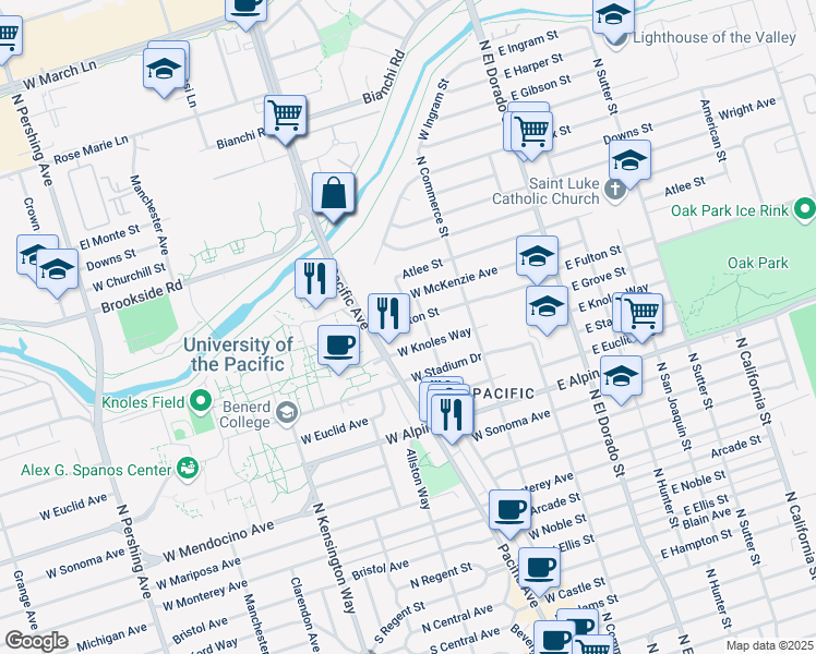 map of restaurants, bars, coffee shops, grocery stores, and more near 228 West Fulton Street in Stockton