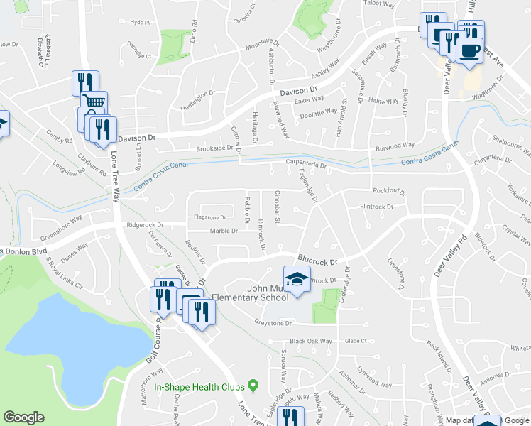map of restaurants, bars, coffee shops, grocery stores, and more near 3923 Rimrock Drive in Antioch