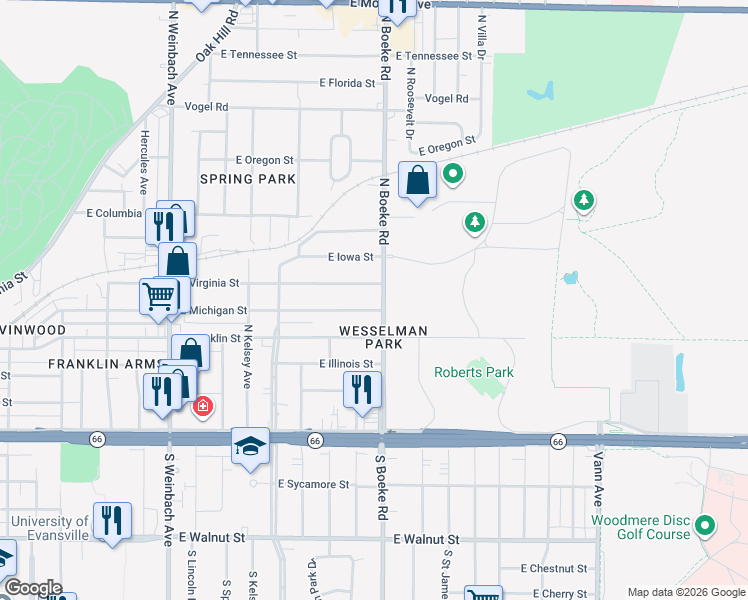 map of restaurants, bars, coffee shops, grocery stores, and more near 408 North Boeke Road in Evansville