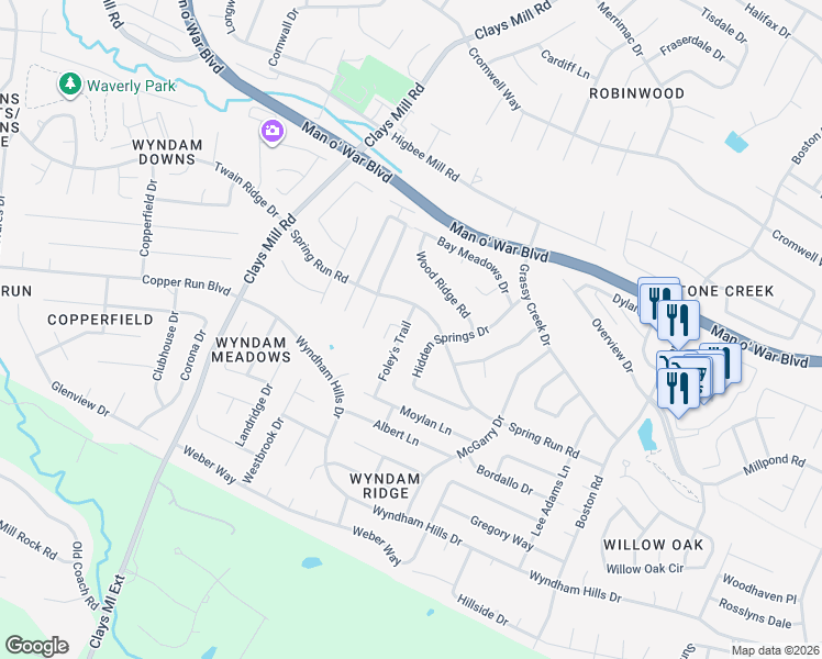 map of restaurants, bars, coffee shops, grocery stores, and more near 3840 Foley's Trail in Lexington