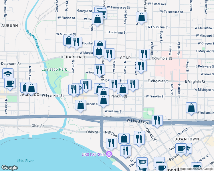 map of restaurants, bars, coffee shops, grocery stores, and more near 1121 W Michigan St in Evansville