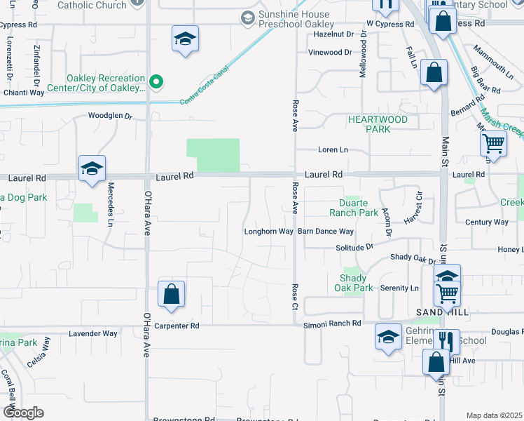 map of restaurants, bars, coffee shops, grocery stores, and more near 3823 Pato Lane in Oakley