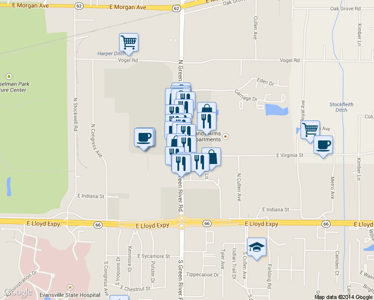 map of restaurants, bars, coffee shops, grocery stores, and more near 501 N Green River Rd in Evansville
