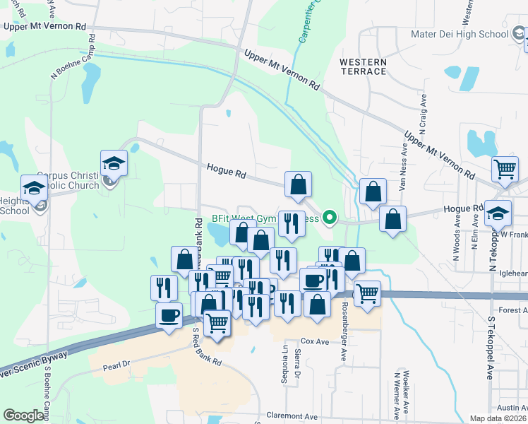 map of restaurants, bars, coffee shops, grocery stores, and more near 4713 Rolling Ridge Drive in Evansville