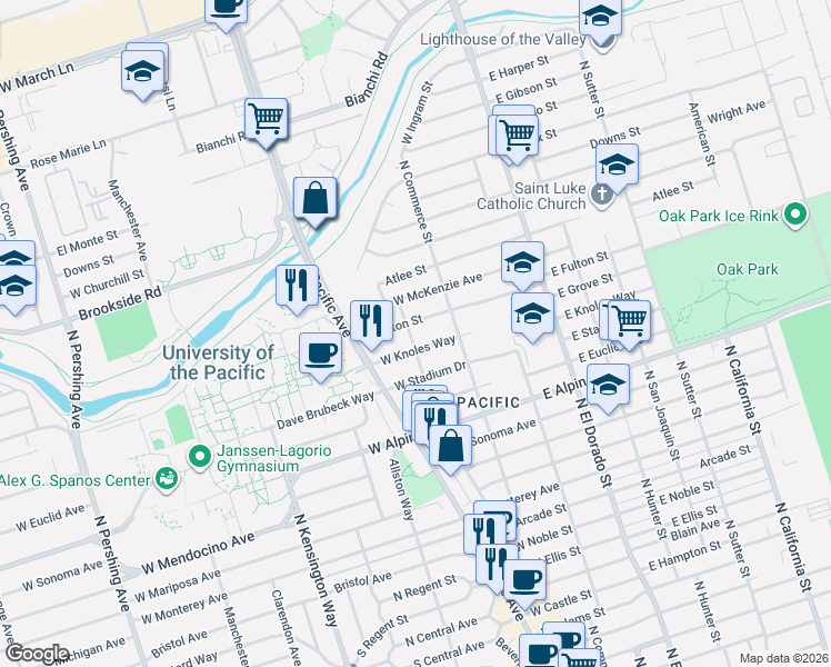 map of restaurants, bars, coffee shops, grocery stores, and more near 141 West Knoles Way in Stockton