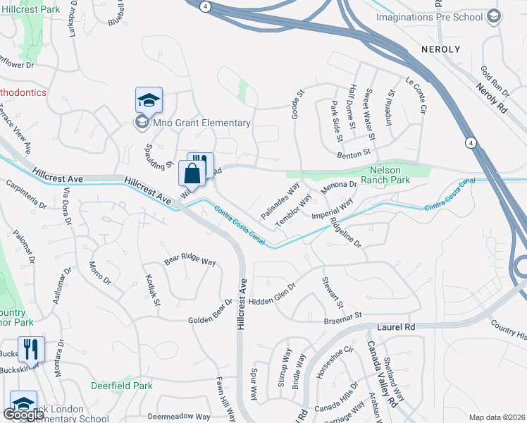 map of restaurants, bars, coffee shops, grocery stores, and more near 4414 Palisades Way in Antioch