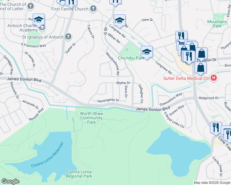 map of restaurants, bars, coffee shops, grocery stores, and more near 3601 Nightingale Drive in Antioch