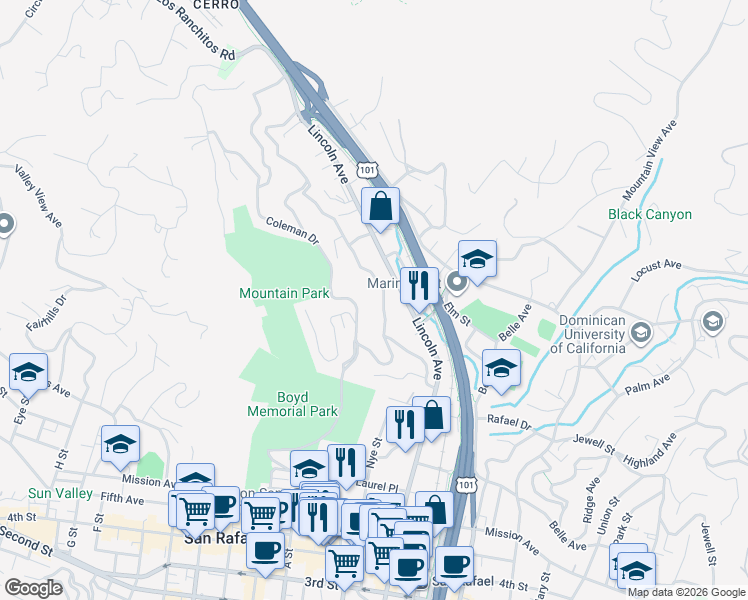 map of restaurants, bars, coffee shops, grocery stores, and more near 139 Prospect Drive in San Rafael