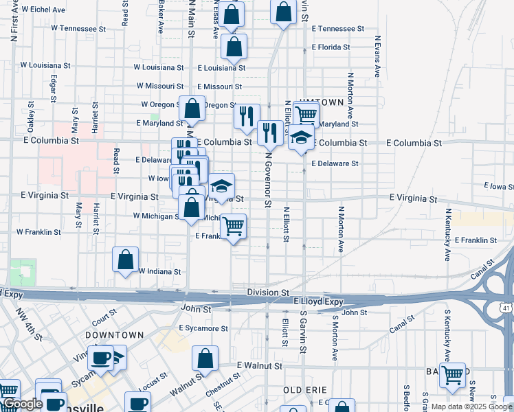 map of restaurants, bars, coffee shops, grocery stores, and more near 313 East Virginia Street in Evansville