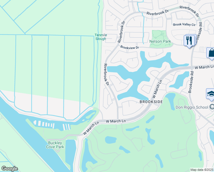 map of restaurants, bars, coffee shops, grocery stores, and more near 4107 Timepiece Court in Stockton