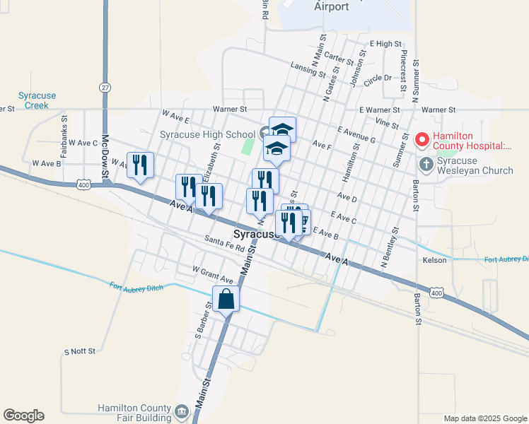 map of restaurants, bars, coffee shops, grocery stores, and more near Main Street in Syracuse