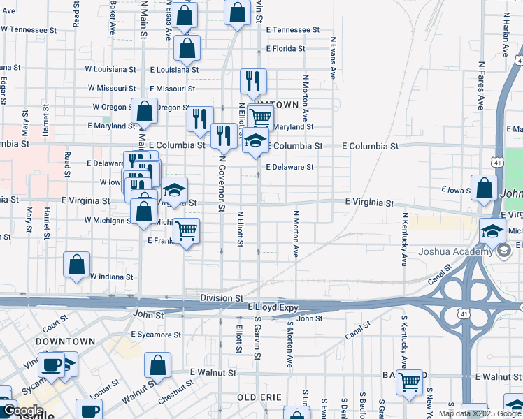 map of restaurants, bars, coffee shops, grocery stores, and more near 601 East Virginia Street in Evansville