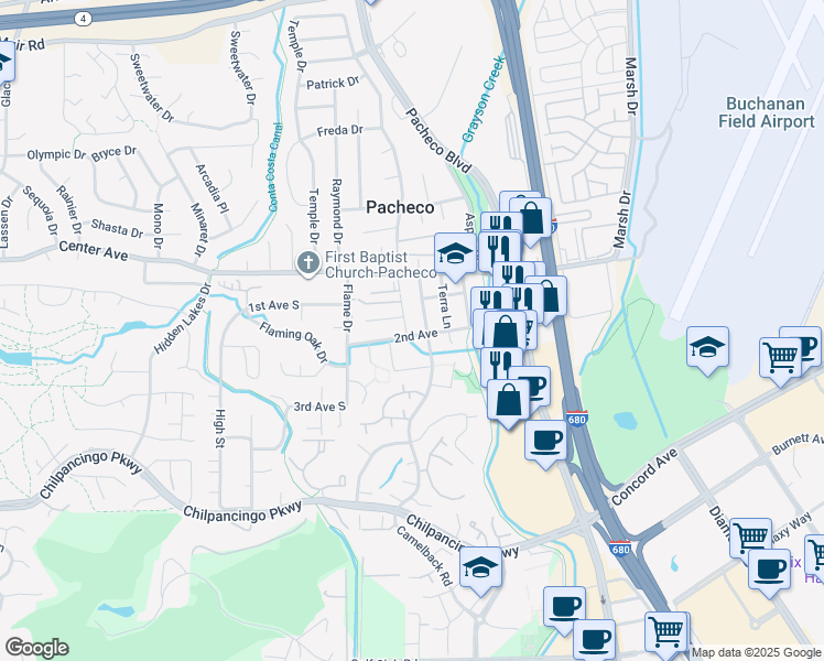 map of restaurants, bars, coffee shops, grocery stores, and more near 151 Elder Drive in Pacheco