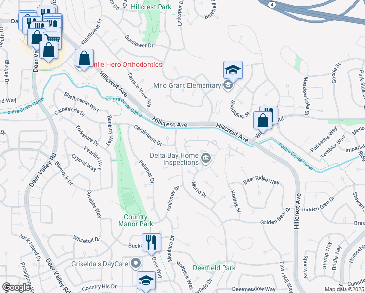 map of restaurants, bars, coffee shops, grocery stores, and more near 2746 Winding Lane in Antioch