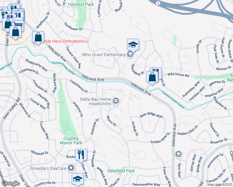 map of restaurants, bars, coffee shops, grocery stores, and more near 2901 Winding Lane in Antioch