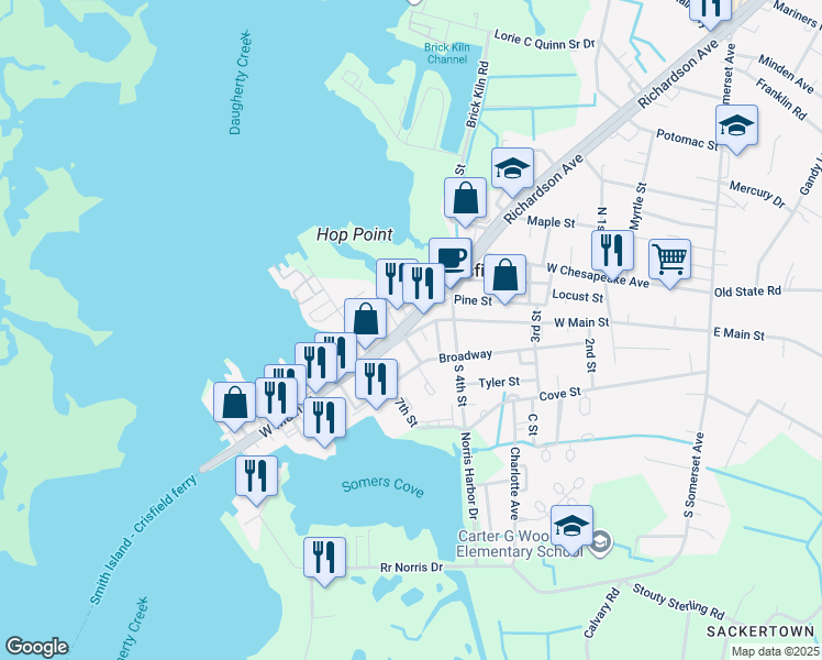 map of restaurants, bars, coffee shops, grocery stores, and more near 514 West Main Street in Crisfield