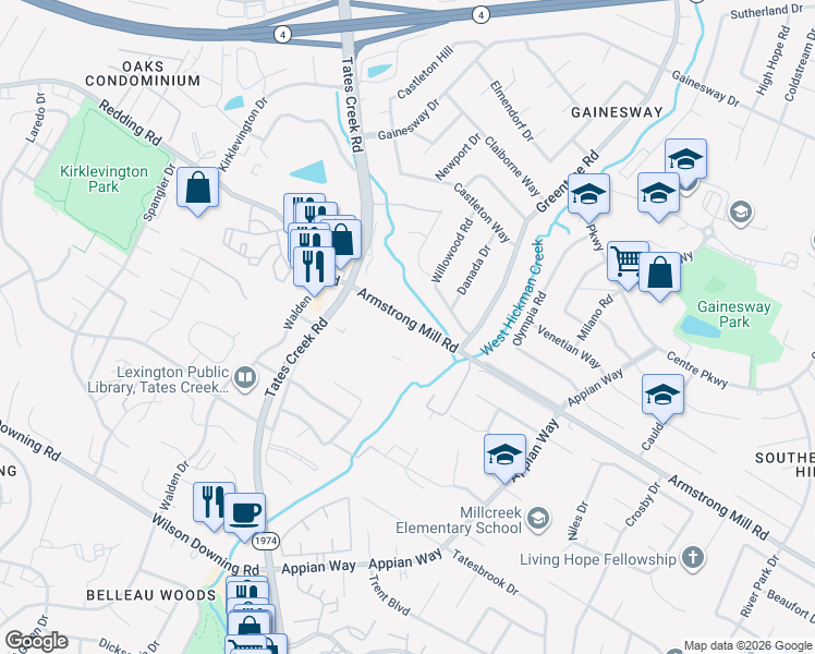 map of restaurants, bars, coffee shops, grocery stores, and more near 1076 Armstrong Mill Road in Lexington