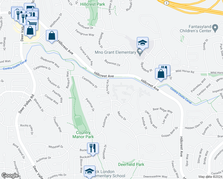 map of restaurants, bars, coffee shops, grocery stores, and more near 2746 Winding Lane in Antioch