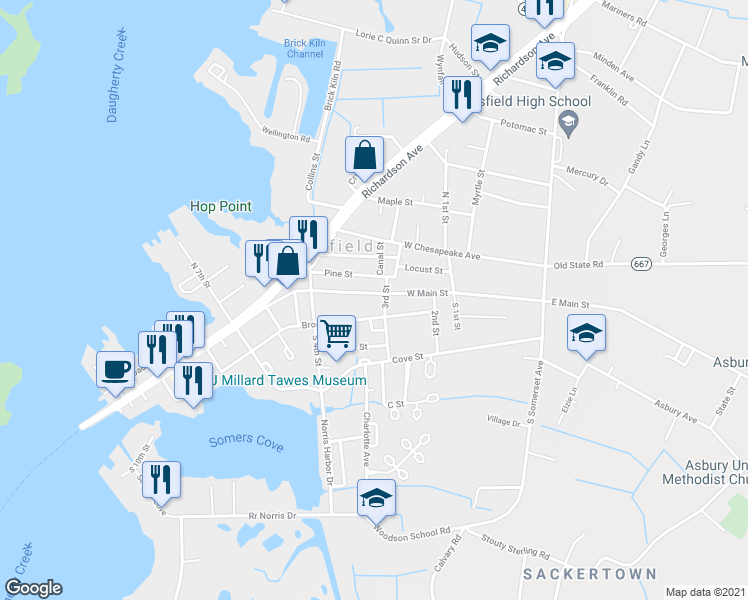 map of restaurants, bars, coffee shops, grocery stores, and more near 305 West Main Street in Crisfield