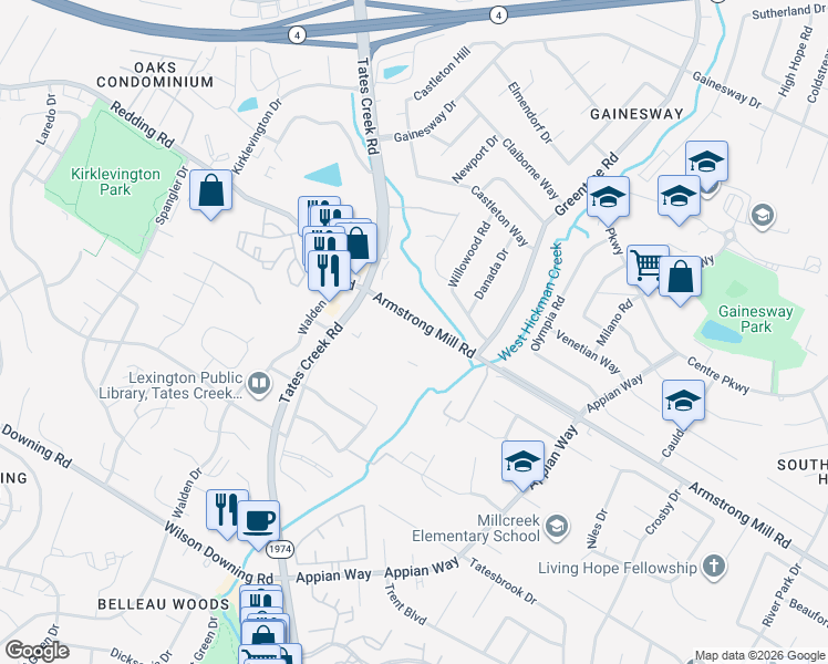 map of restaurants, bars, coffee shops, grocery stores, and more near 3650 Tates Creek Road in Lexington