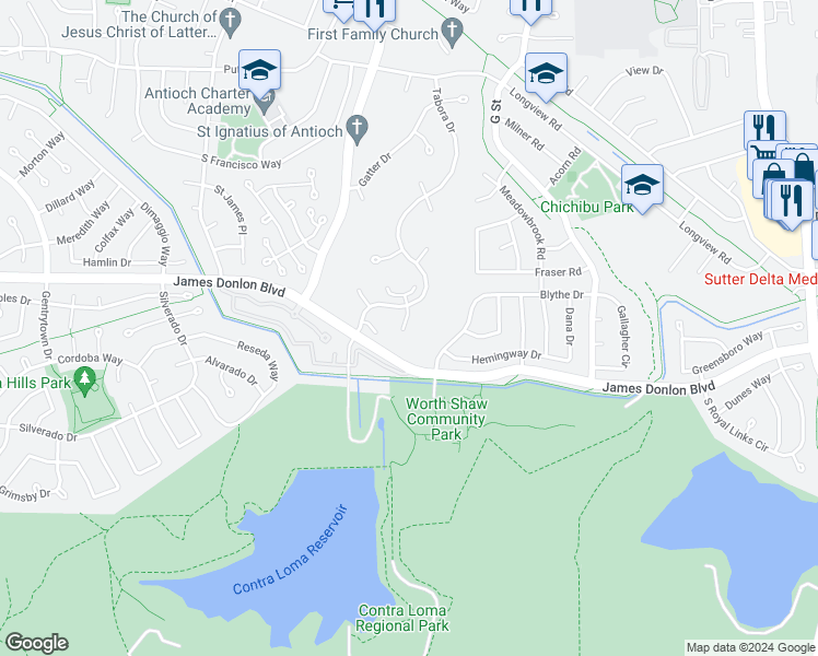 map of restaurants, bars, coffee shops, grocery stores, and more near 3510 Stone Place in Antioch