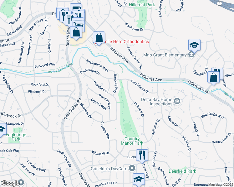 map of restaurants, bars, coffee shops, grocery stores, and more near 4043 Banbury Way in Antioch