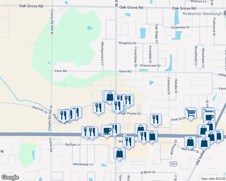 map of restaurants, bars, coffee shops, grocery stores, and more near 3633 Bell Road in Newburgh