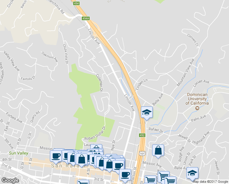 map of restaurants, bars, coffee shops, grocery stores, and more near 139 Prospect Drive in San Rafael