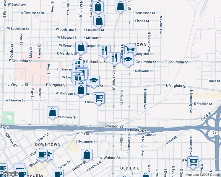 map of restaurants, bars, coffee shops, grocery stores, and more near 313 East Virginia Street in Evansville