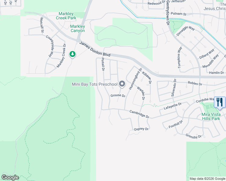 map of restaurants, bars, coffee shops, grocery stores, and more near 3590 Waxwing Court in Antioch