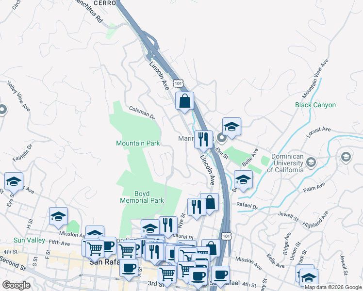 map of restaurants, bars, coffee shops, grocery stores, and more near 139 Prospect Drive in San Rafael