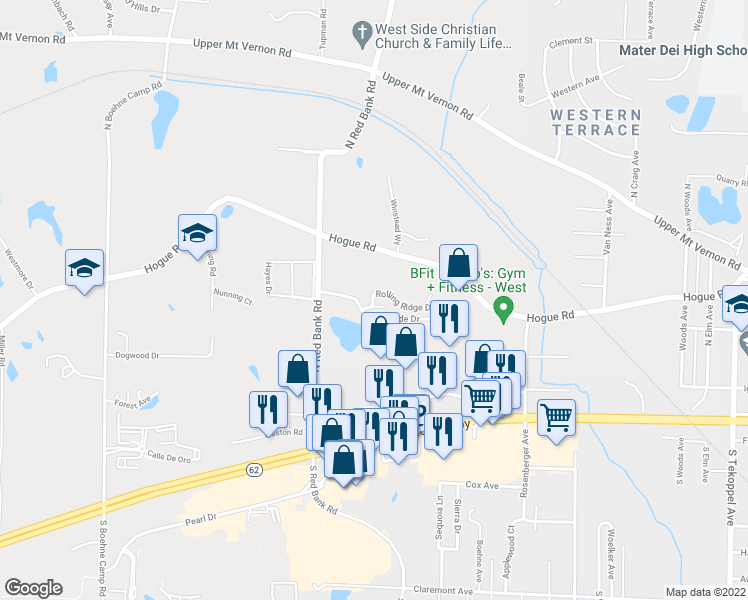 map of restaurants, bars, coffee shops, grocery stores, and more near 4613 Lakeside Drive in Evansville