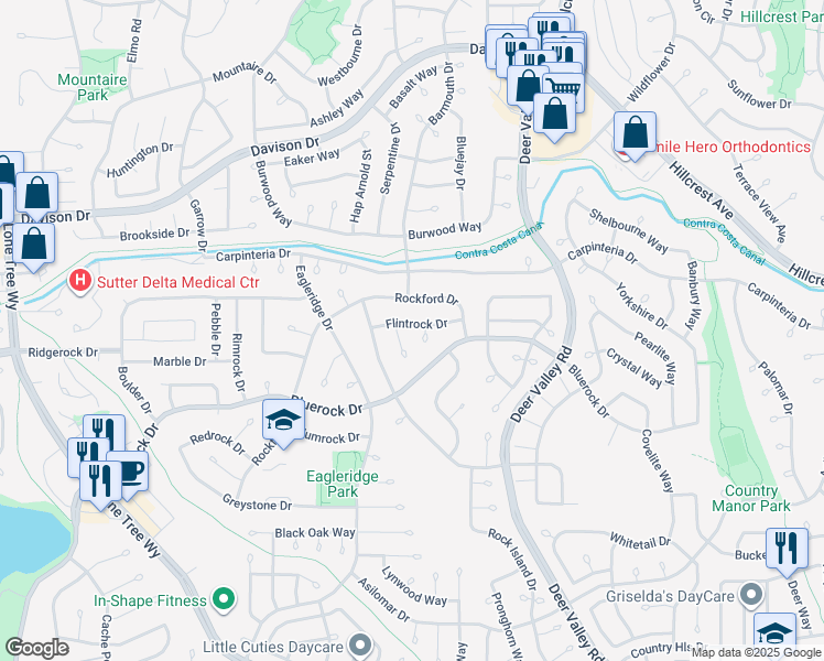 map of restaurants, bars, coffee shops, grocery stores, and more near 924 Flintrock Drive in Antioch