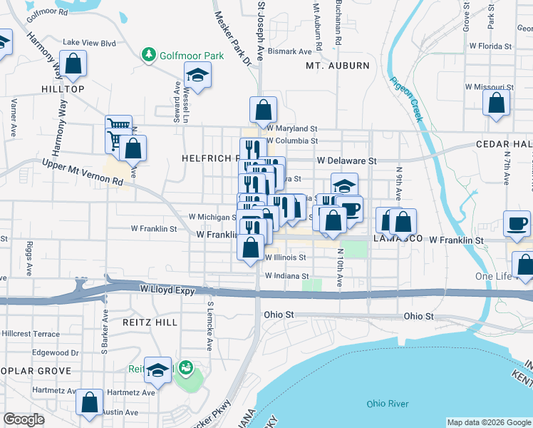 map of restaurants, bars, coffee shops, grocery stores, and more near 2321 West Michigan Street in Evansville