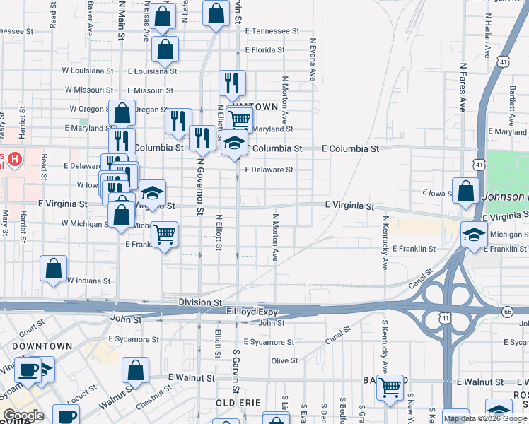 map of restaurants, bars, coffee shops, grocery stores, and more near 635 East Virginia Street in Evansville