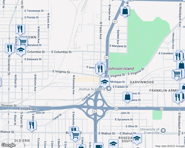 map of restaurants, bars, coffee shops, grocery stores, and more near 1142 East Virginia Street in Evansville