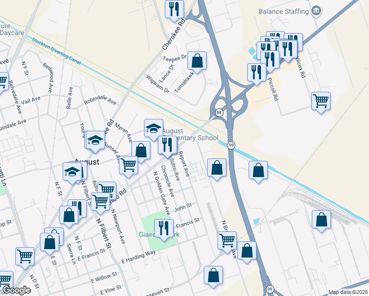 map of restaurants, bars, coffee shops, grocery stores, and more near 3300 Waterloo Road in Stockton