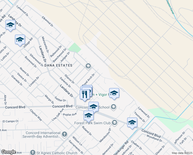 map of restaurants, bars, coffee shops, grocery stores, and more near 3991 Mulberry Drive in Concord