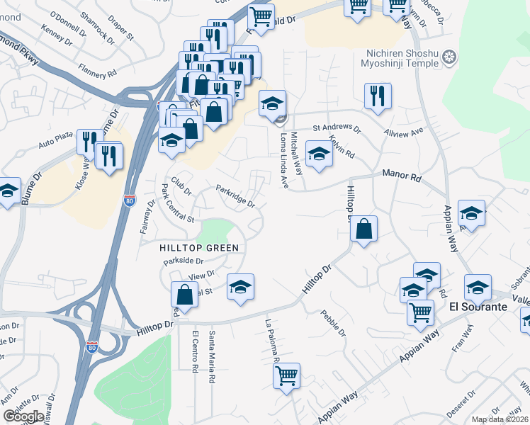 map of restaurants, bars, coffee shops, grocery stores, and more near 85 Parkridge Place in Richmond