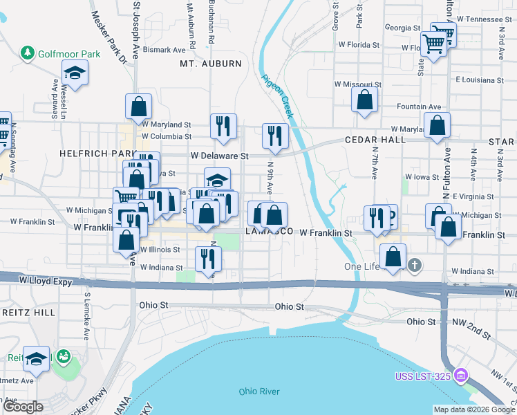 map of restaurants, bars, coffee shops, grocery stores, and more near 1907 West Michigan Street in Evansville