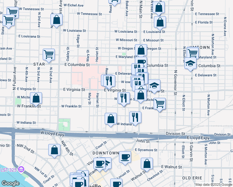 map of restaurants, bars, coffee shops, grocery stores, and more near 422 Garfield Street in Evansville