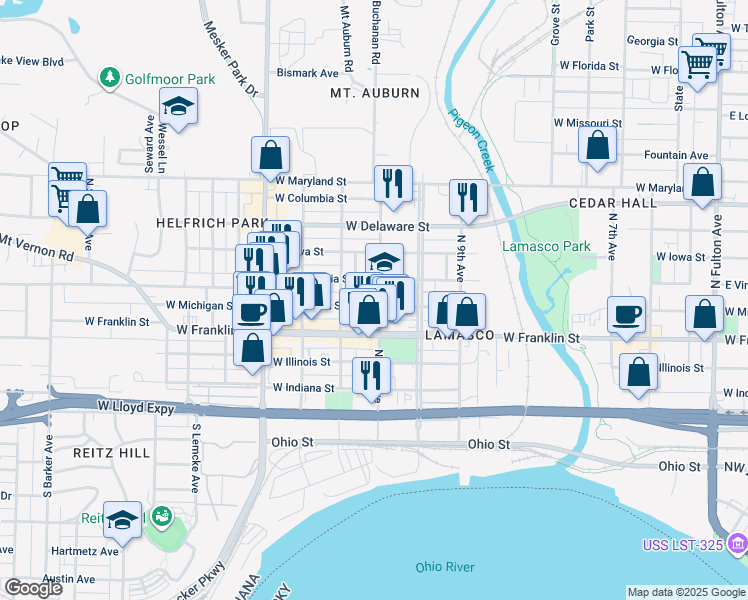 map of restaurants, bars, coffee shops, grocery stores, and more near 2101 West Michigan Street in Evansville