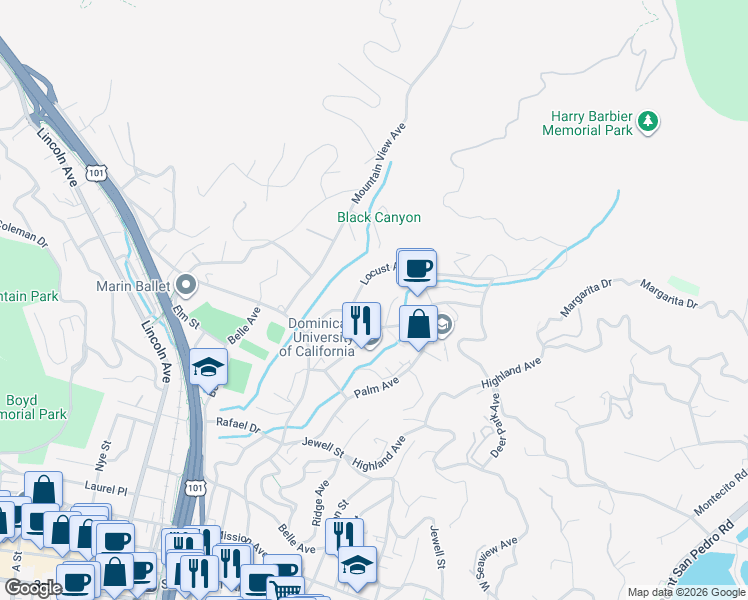 map of restaurants, bars, coffee shops, grocery stores, and more near 226 Magnolia Avenue in San Rafael