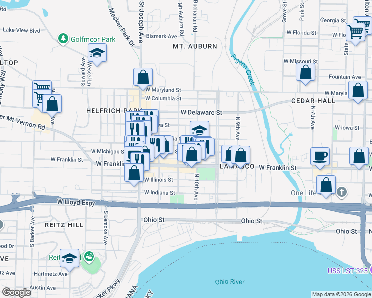 map of restaurants, bars, coffee shops, grocery stores, and more near 2130 West Michigan Street in Evansville