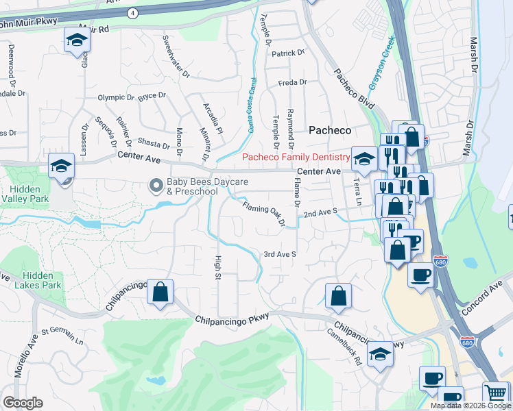 map of restaurants, bars, coffee shops, grocery stores, and more near 347 Flaming Oak Drive in Pleasant Hill