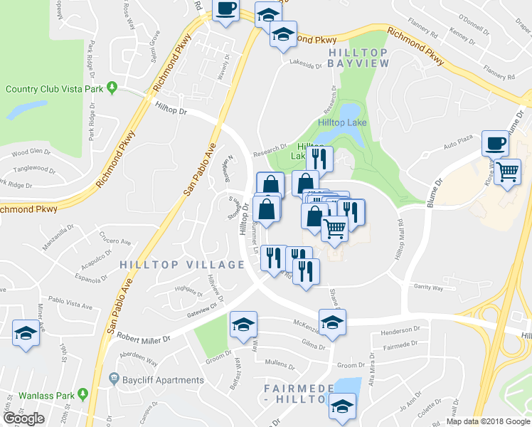 map of restaurants, bars, coffee shops, grocery stores, and more near 2816 Hilltop Mall Road in Richmond