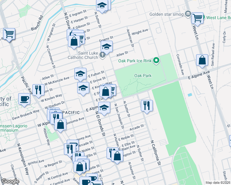 map of restaurants, bars, coffee shops, grocery stores, and more near 326 East Euclid Avenue in Stockton