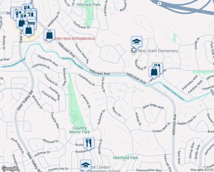 map of restaurants, bars, coffee shops, grocery stores, and more near 2740 Winding Lane in Antioch
