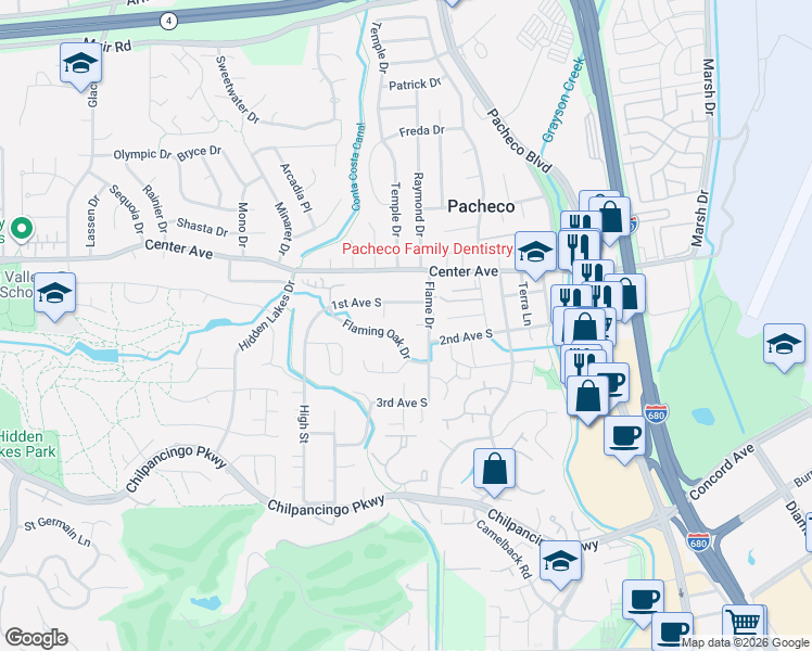 map of restaurants, bars, coffee shops, grocery stores, and more near 11 Flame Court in Pacheco